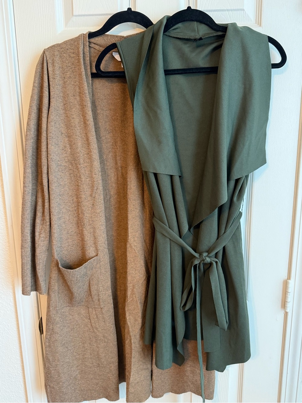 Olive Green Sleeveless Drape Vest and Taupe Open Cardigan set
